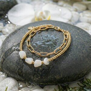 NEW 18K Gold Plated Double Chain Baroque Pearl Bracelet | Trendy & Adjustable